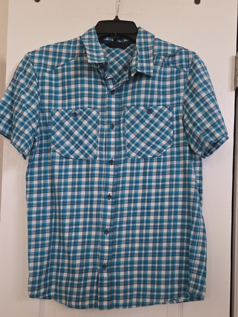 Arc'teryx Tuquoise Blue and White Plaid Cotton/Wool, Short Sleeve Shirt